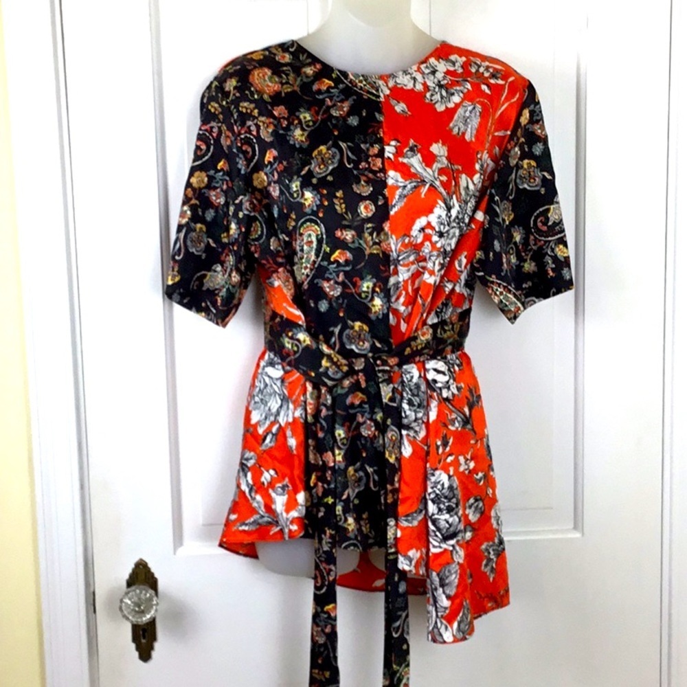 Zara Black and Red Floral Patchwork Tie-Waist Top